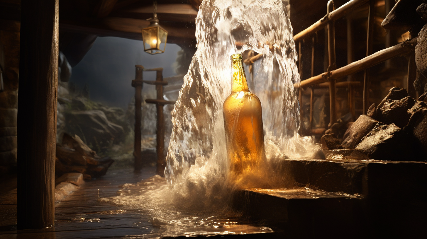 Life-size beer bottle pouring beer in installation