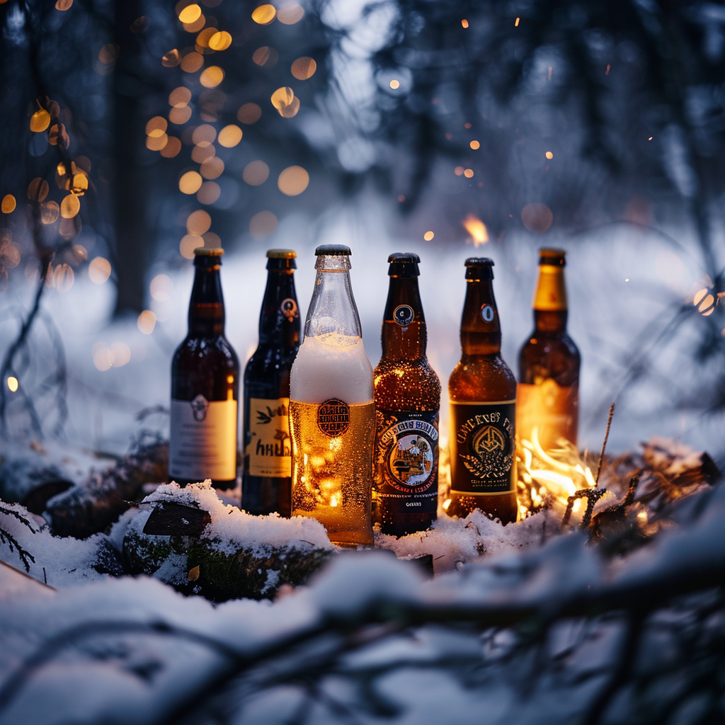 Beer and Wine Bottles Bonfire Winter Forest