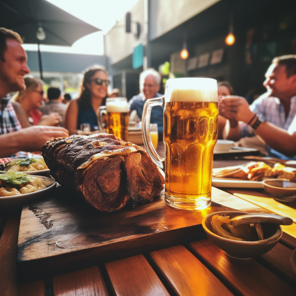 Happy people at a table with a beer mug