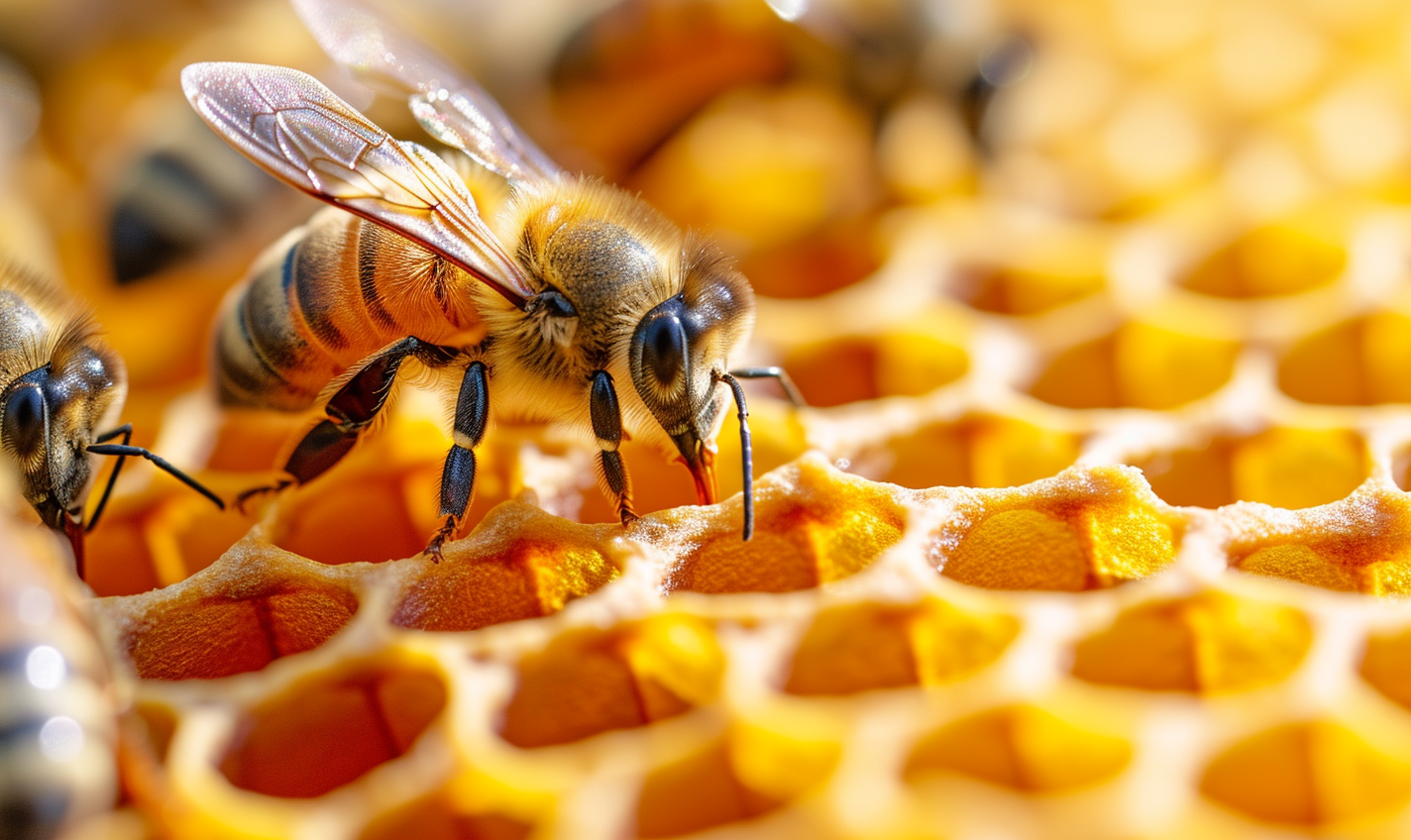 Bees on honeycomb bright background