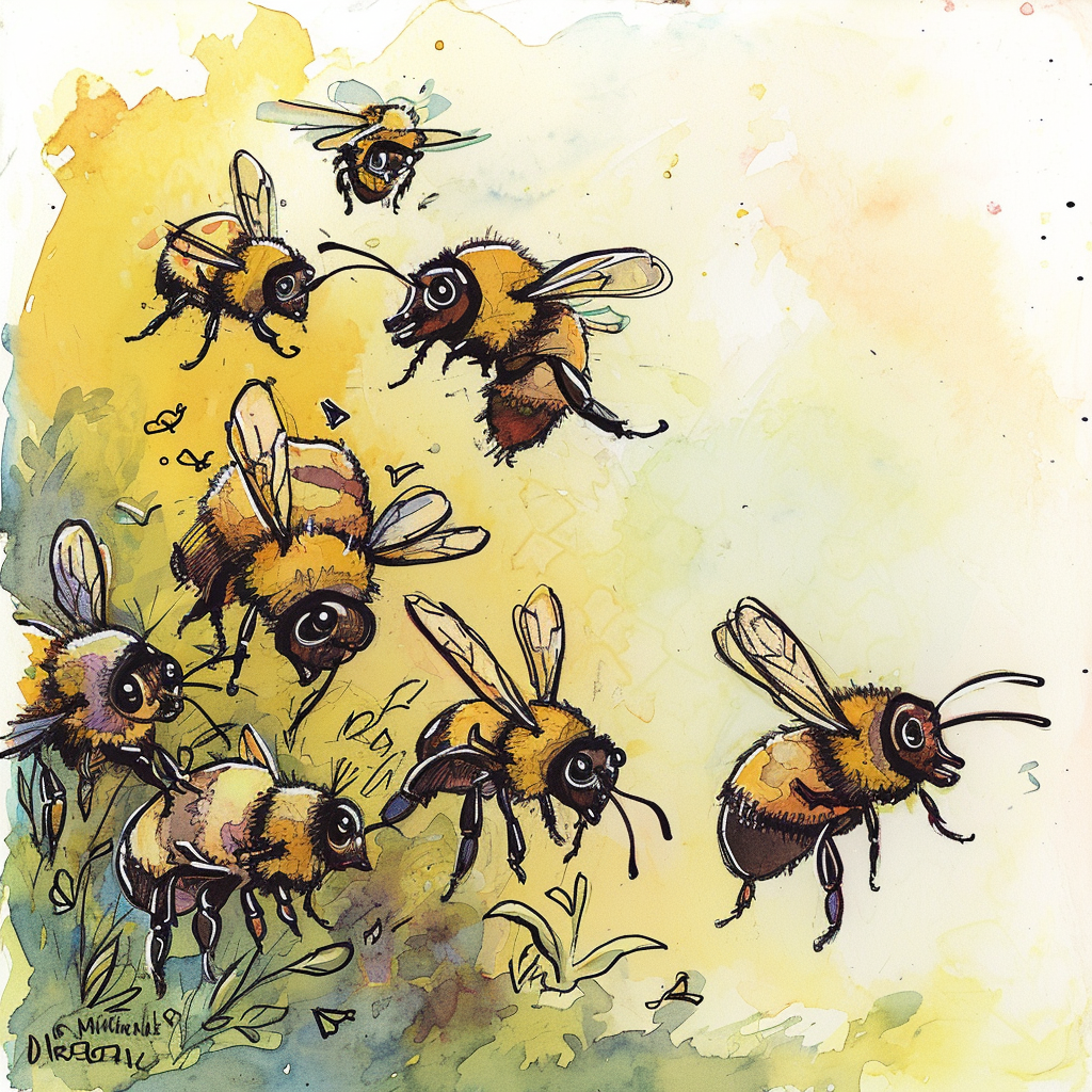 Colorful child's drawing of bees having a party