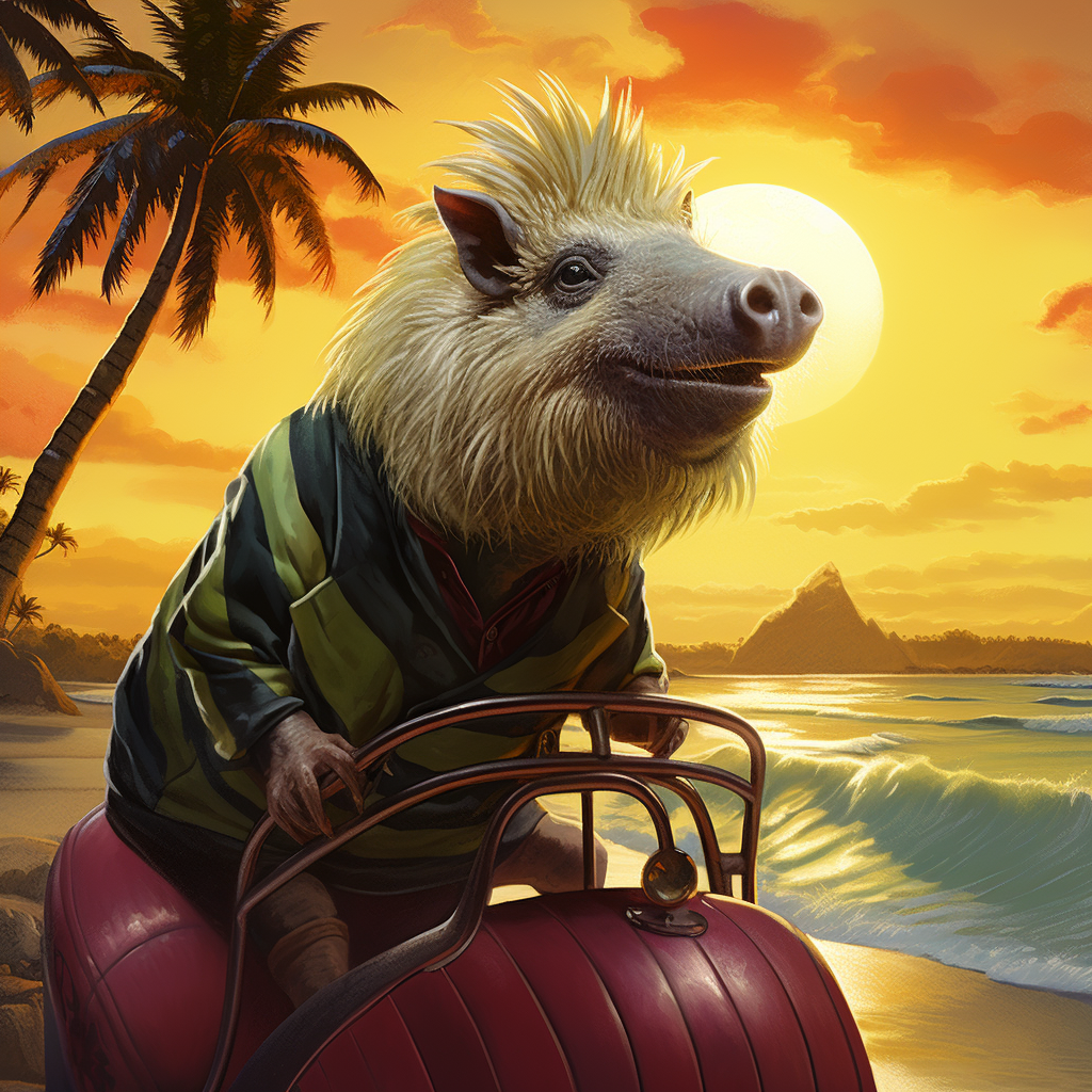 Beetlejuice riding a capybara on a beach