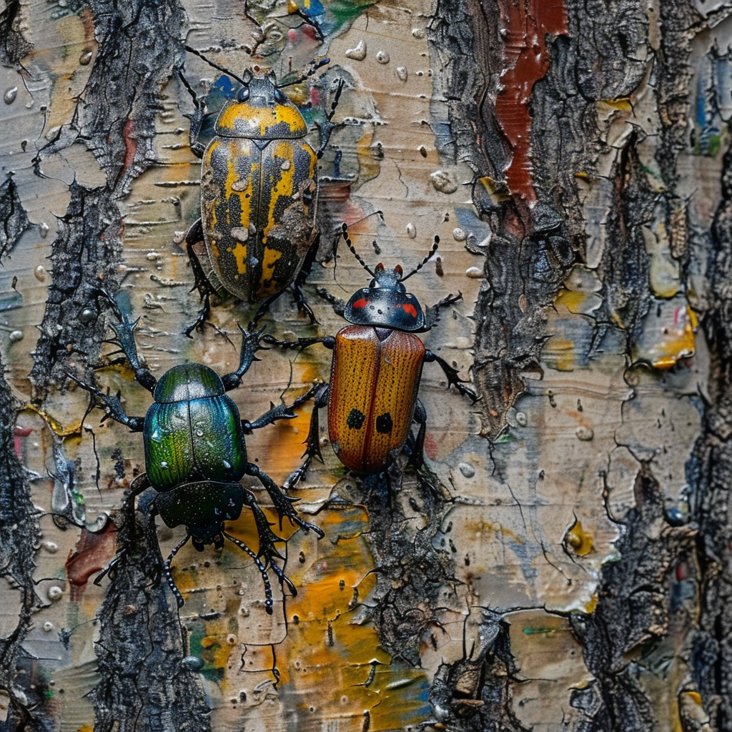 Beetles perched on tree branches