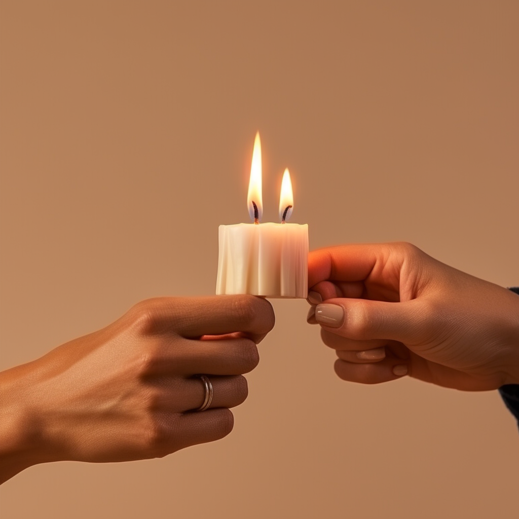 Hands holding candle and burning match