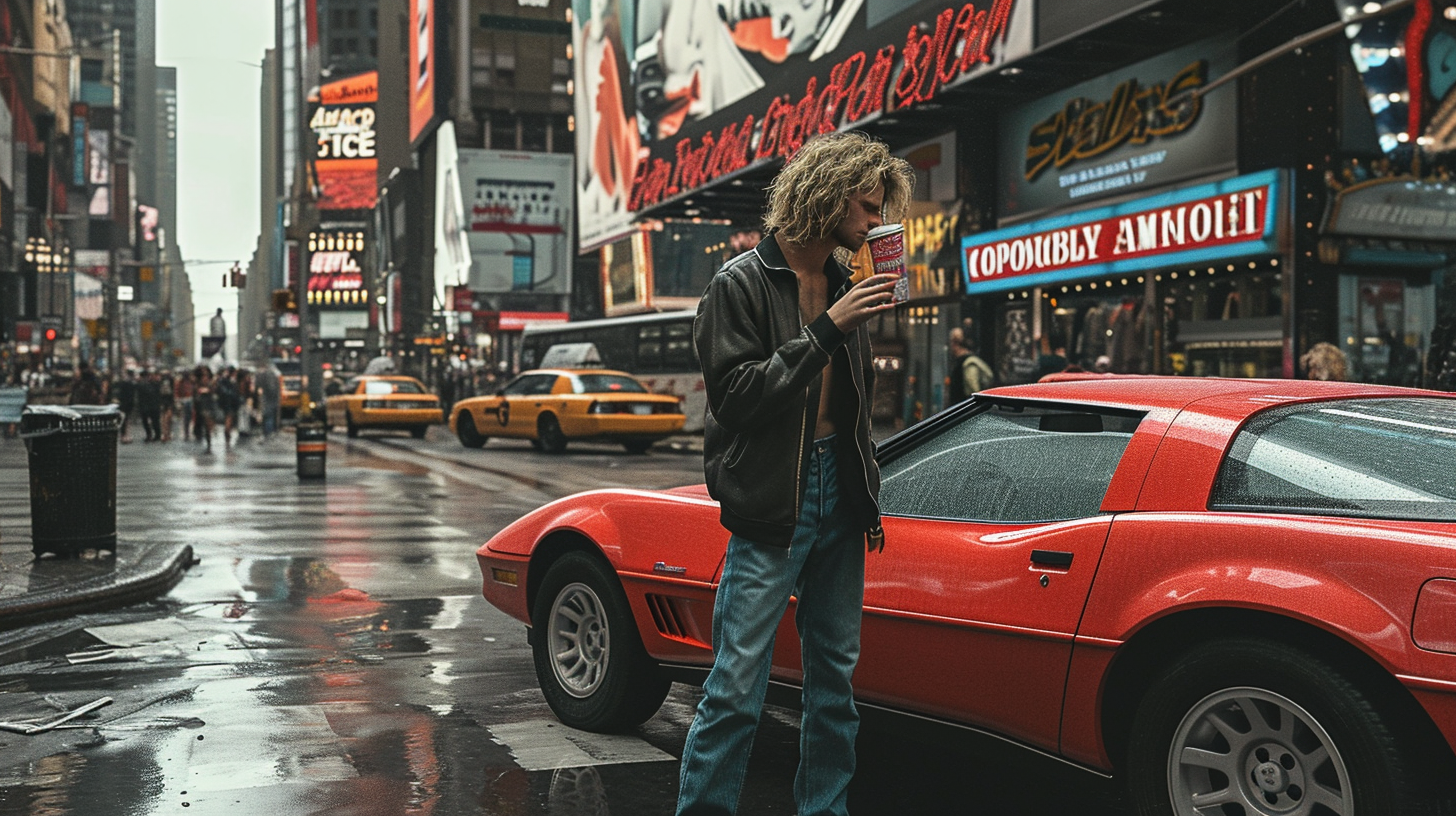 Beige Blonde Male Model Holding Snow Cone in Times Square