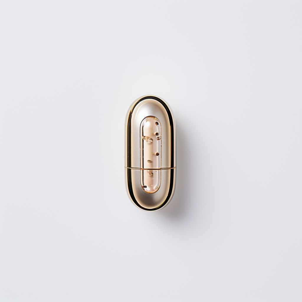 Small beige capsule medicine on plain white background