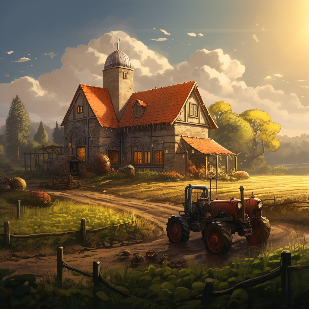 Farmhouse with crops and tractor