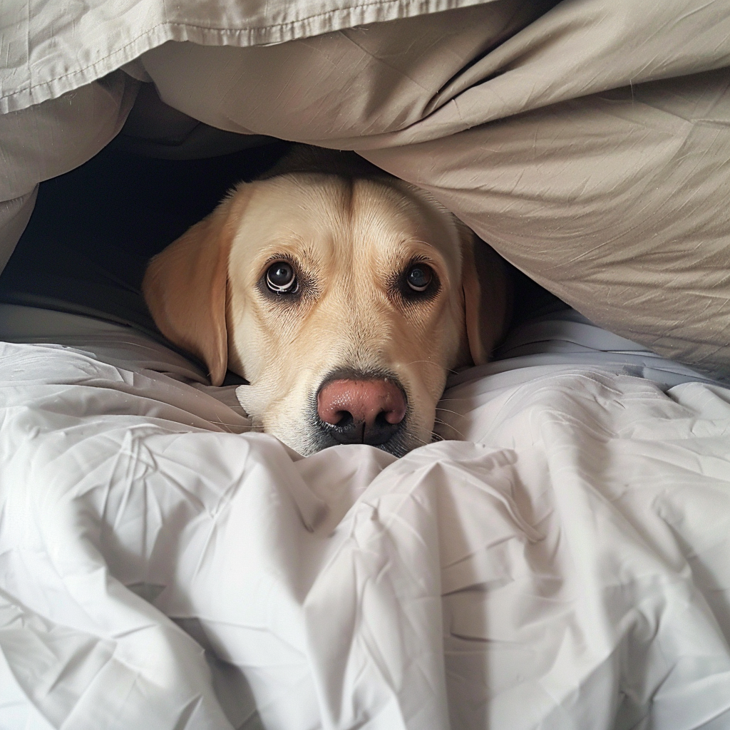 Cute beige labrador under bed