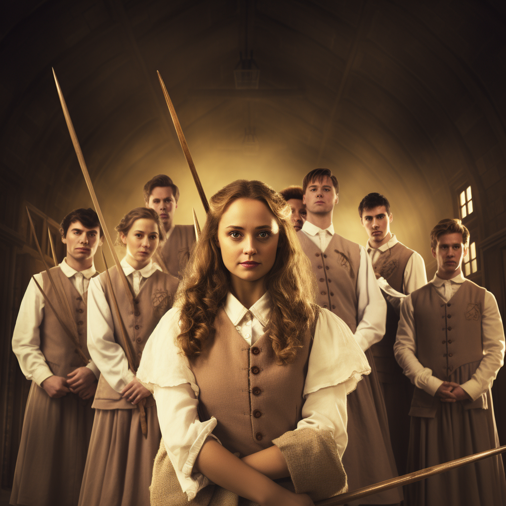 Group of people in beige uniform with magic wands