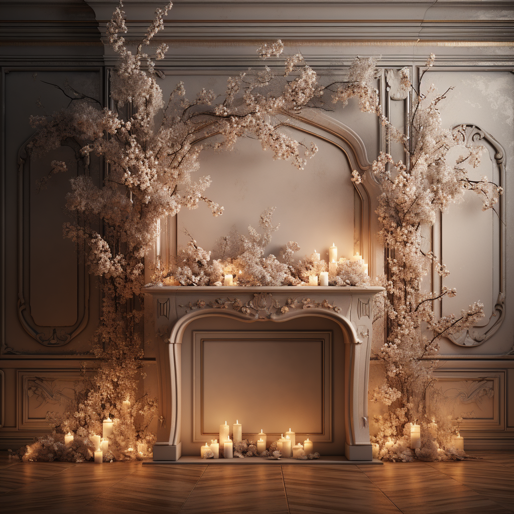 Beige wallpaper fireplace with Christmas branches