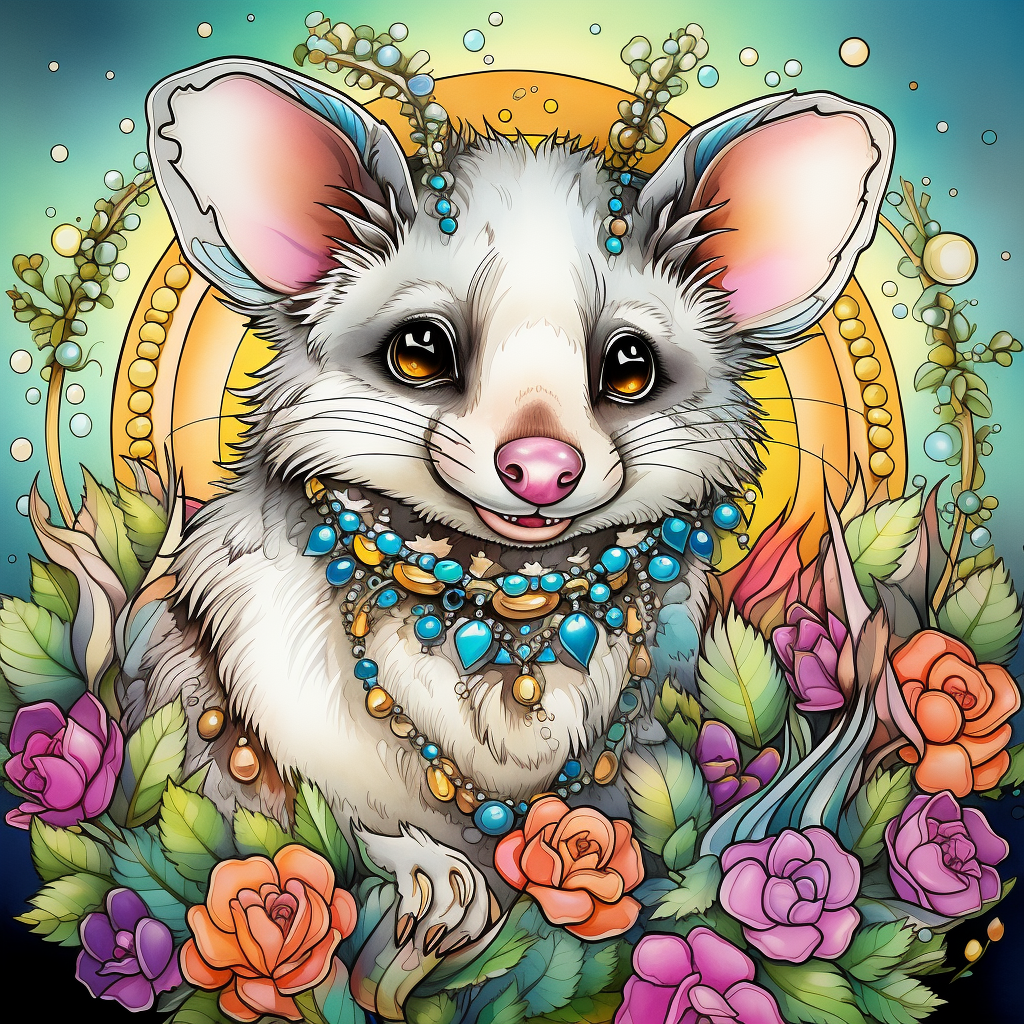 Colorful bejeweled opossum coloring page