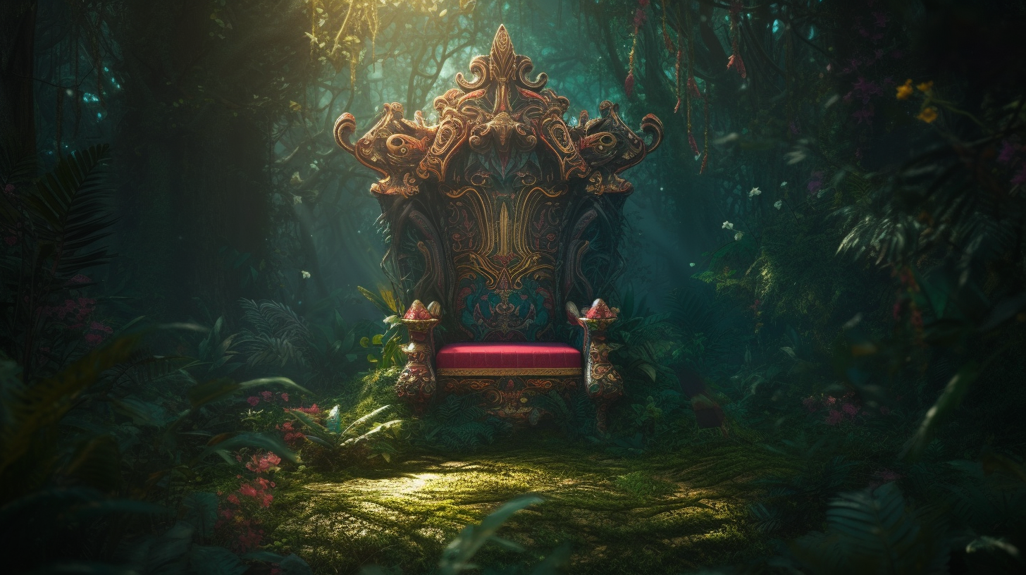 Ornate Bejewelled King's Throne in the Lush Forest