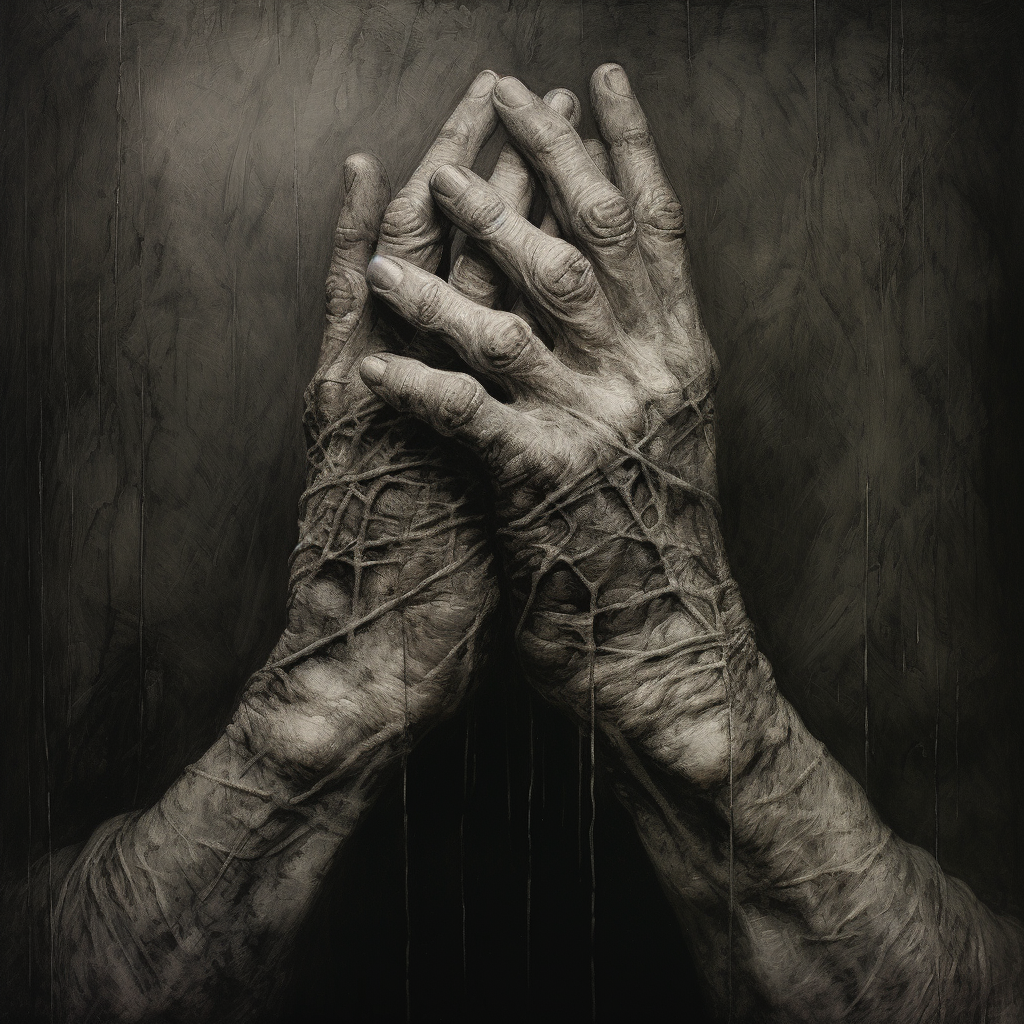 Charcoal artwork of stone hands