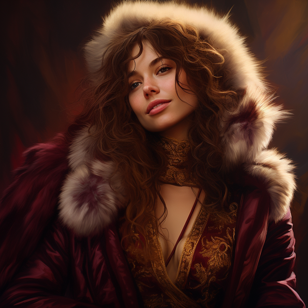 Woman in Burgundy Gold Fur Smiling