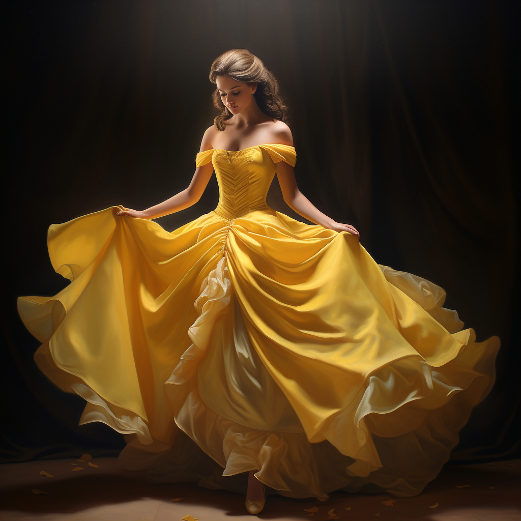 Beautiful Belle waltzing in yellow ball gown