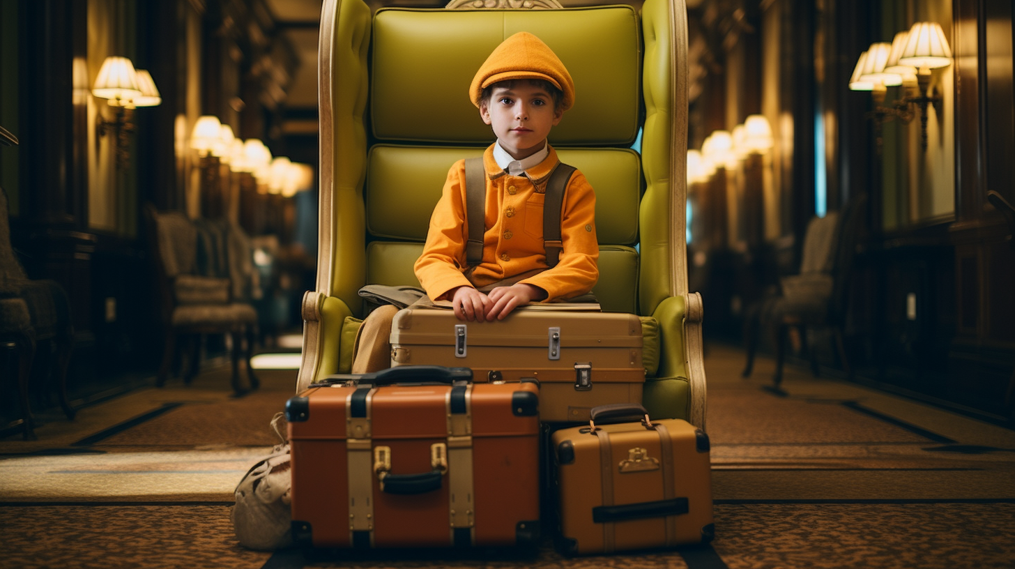 Child on bellhop cart with luggage