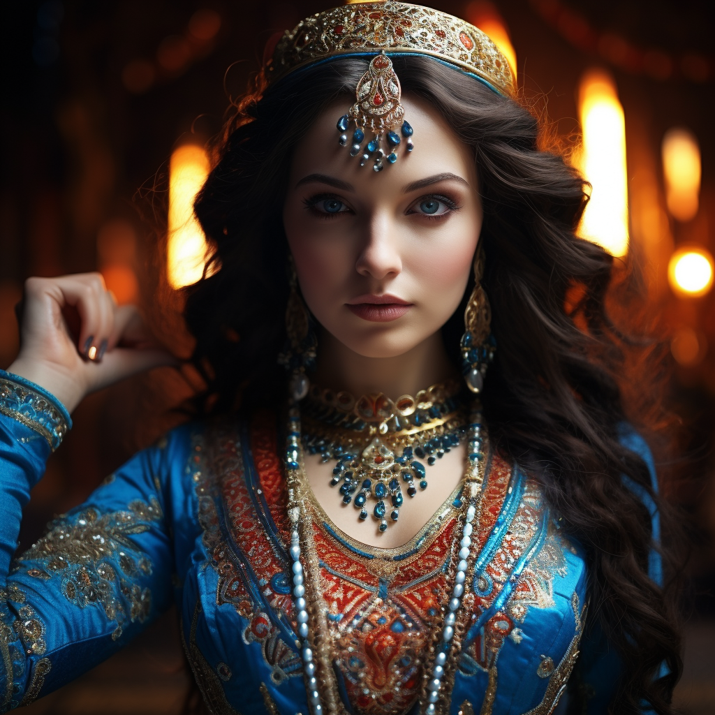 Belly dancer in blue costume close-up