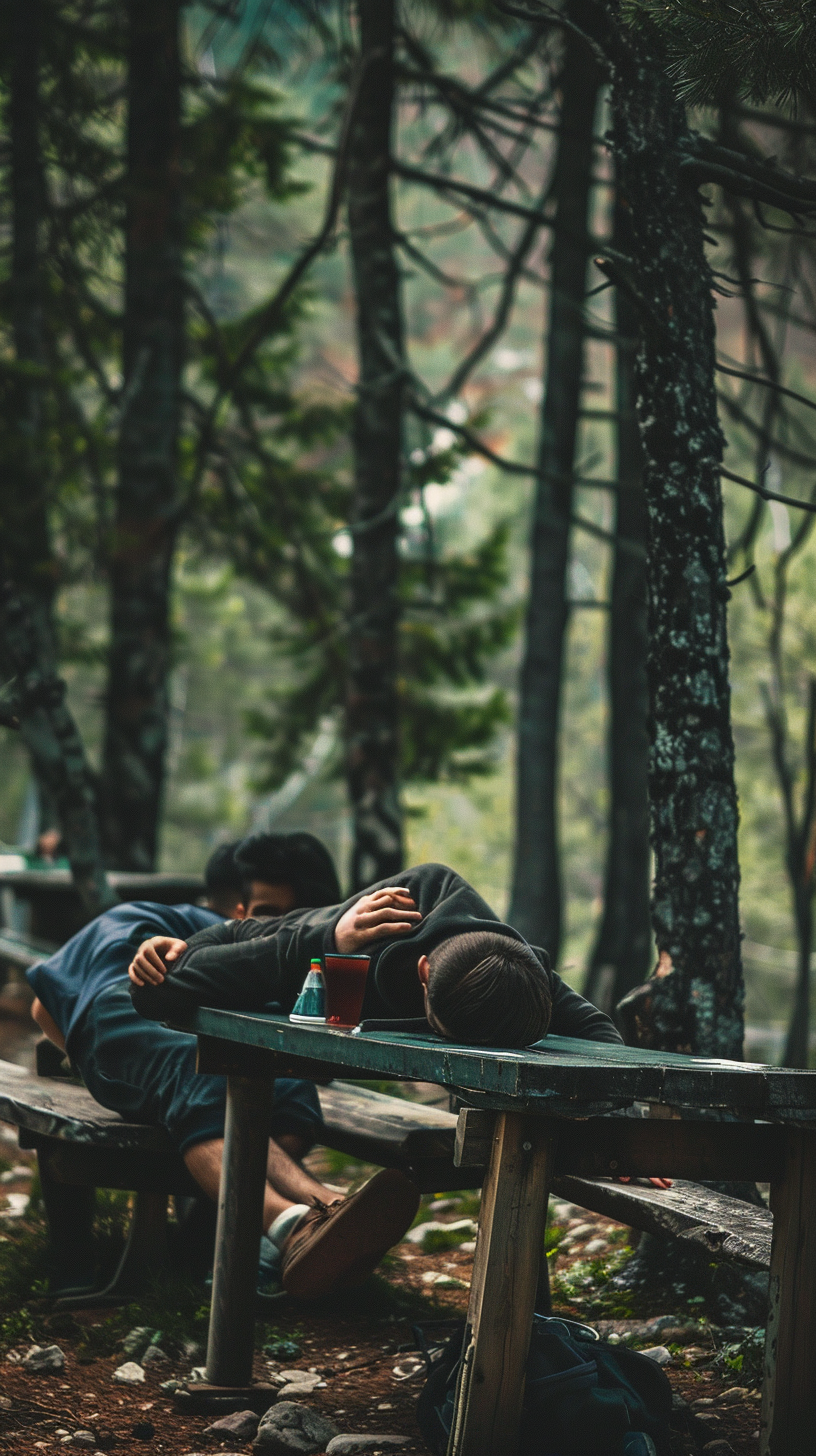 Two men sleeping outdoors