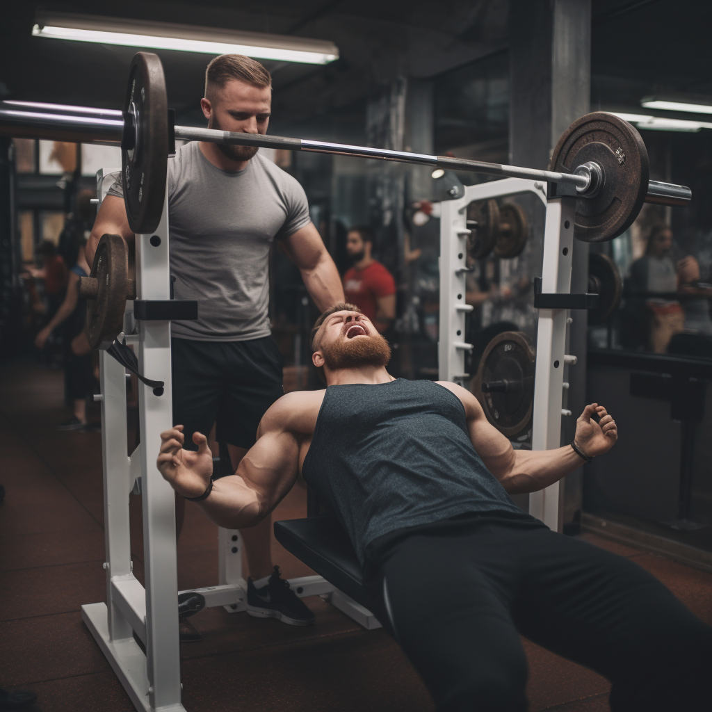 Guy bench presses with spotter