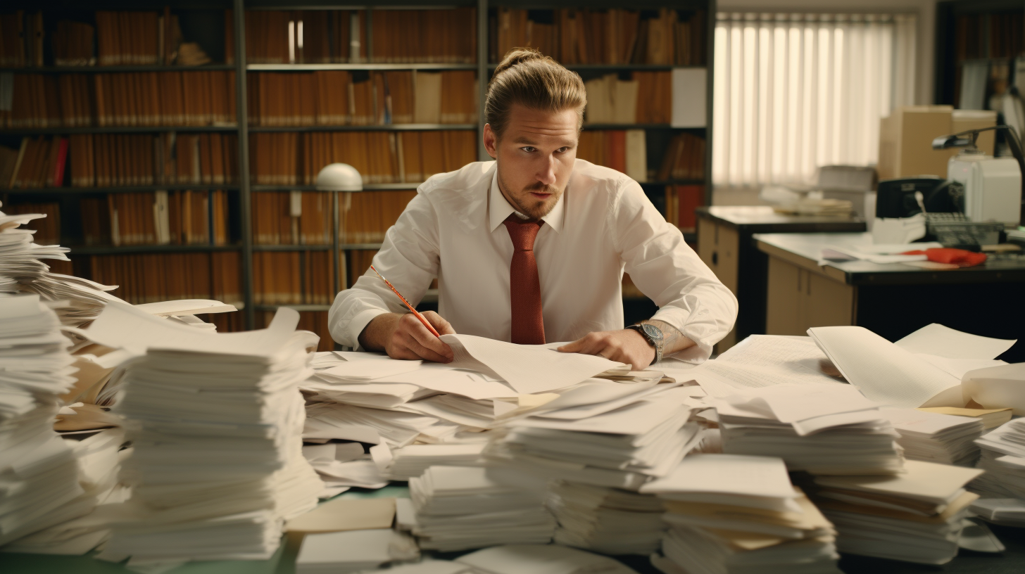 Nicklas Bendtner reading in office with paper piles