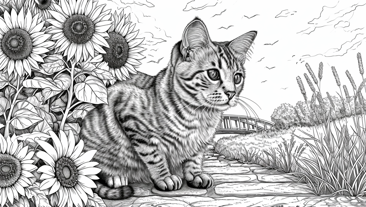 Black and white cartoon style Bengal cat coloring page