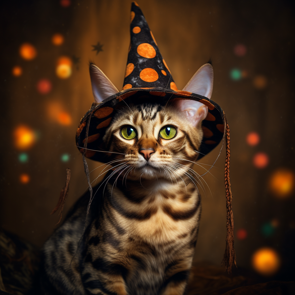 Adorable Bengal Cat wearing Witch Hat