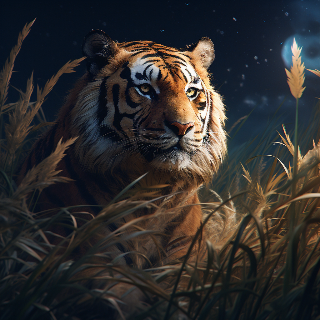 Bengal tiger prowling through moonlit grass