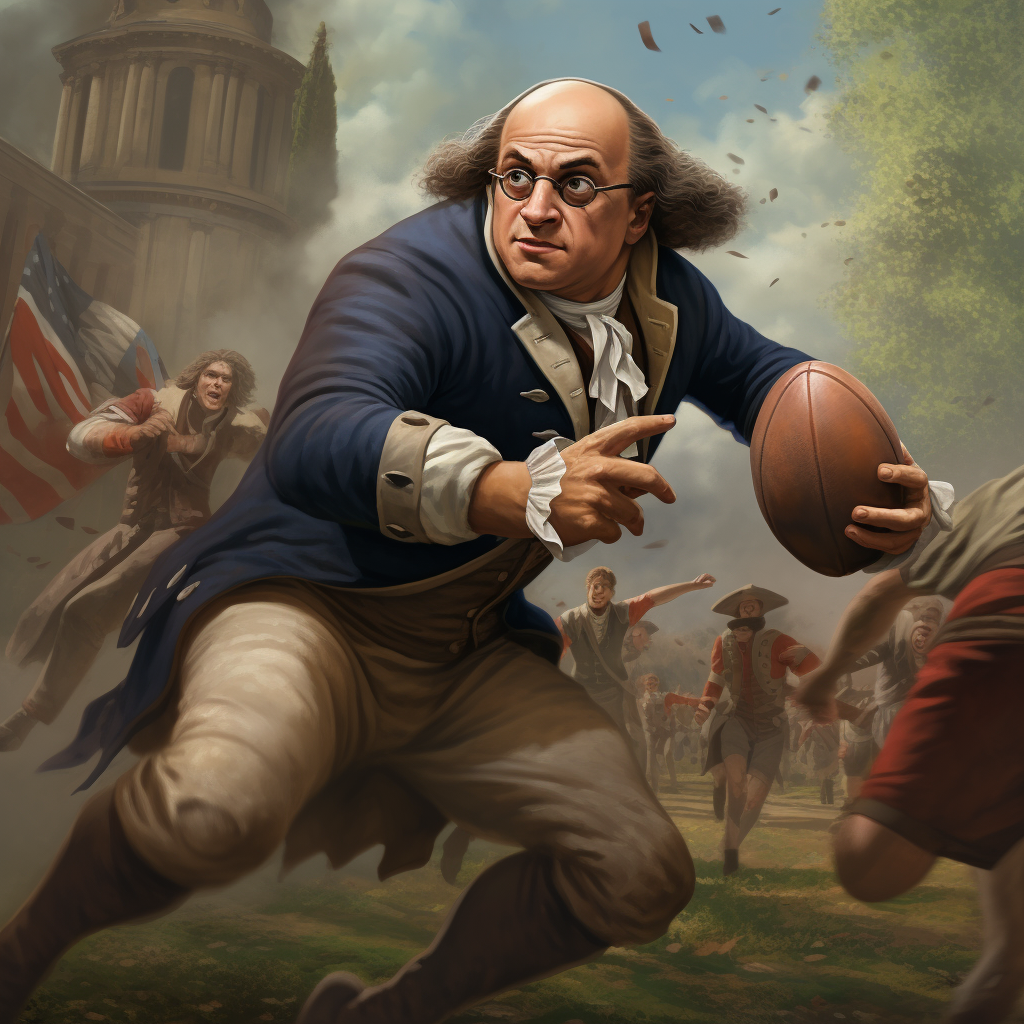 Benjamin Franklin playing rugby against British