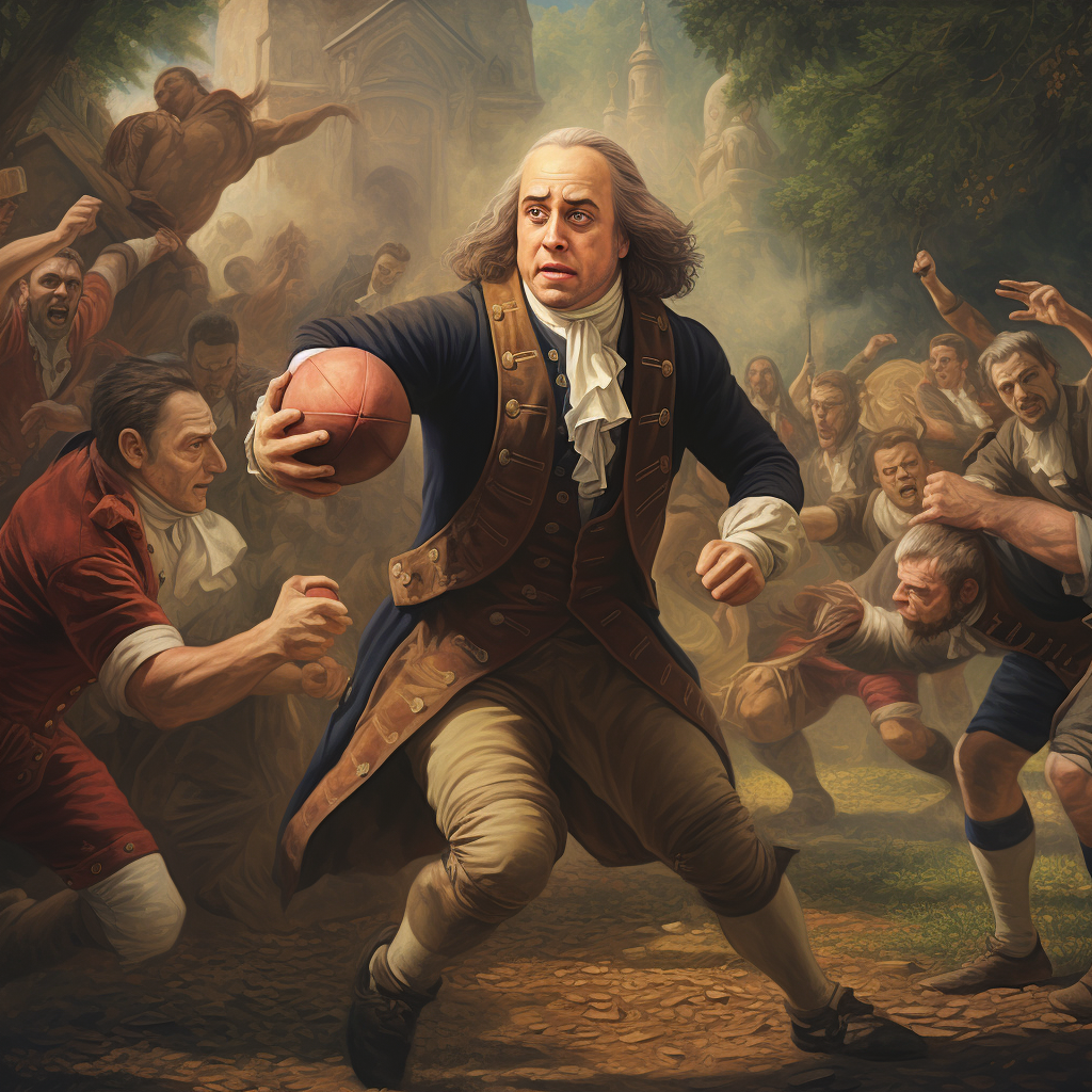 Benjamin Franklin playing rugby against the British