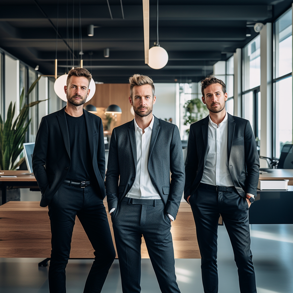 Benjamin Mayr, Philipp Heltewig, and Sascha Poggemann in modern office