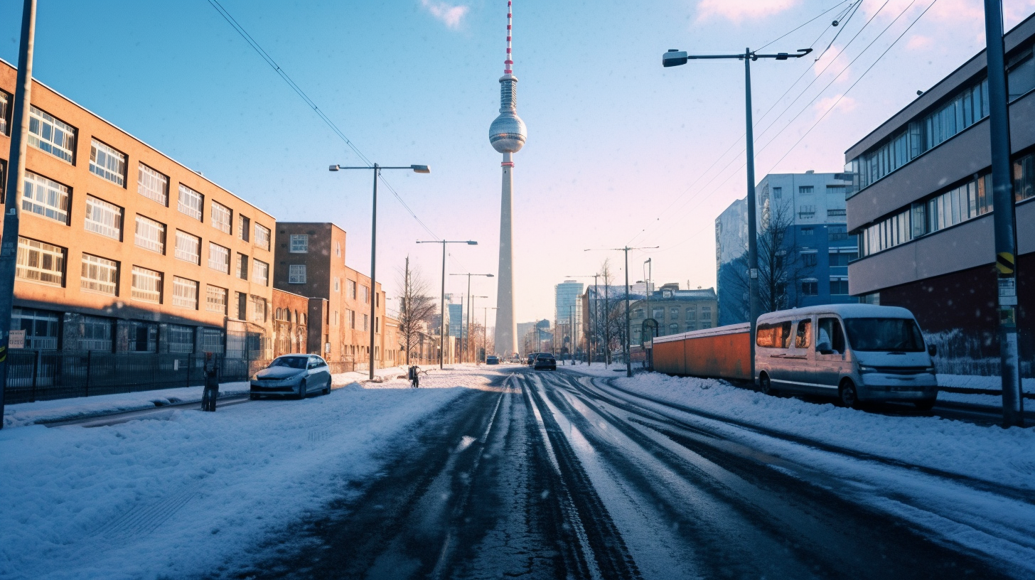 Snow-covered Berlin city skyline during winter