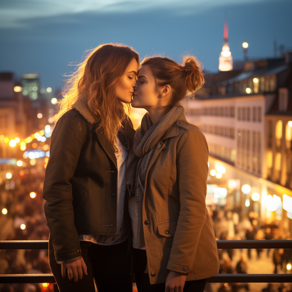 Two women sharing a heartfelt kiss in Berlin