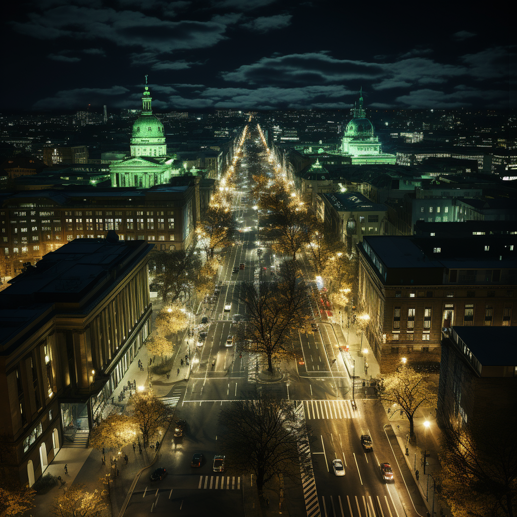 Night view of Berlin with green light shining in rooms