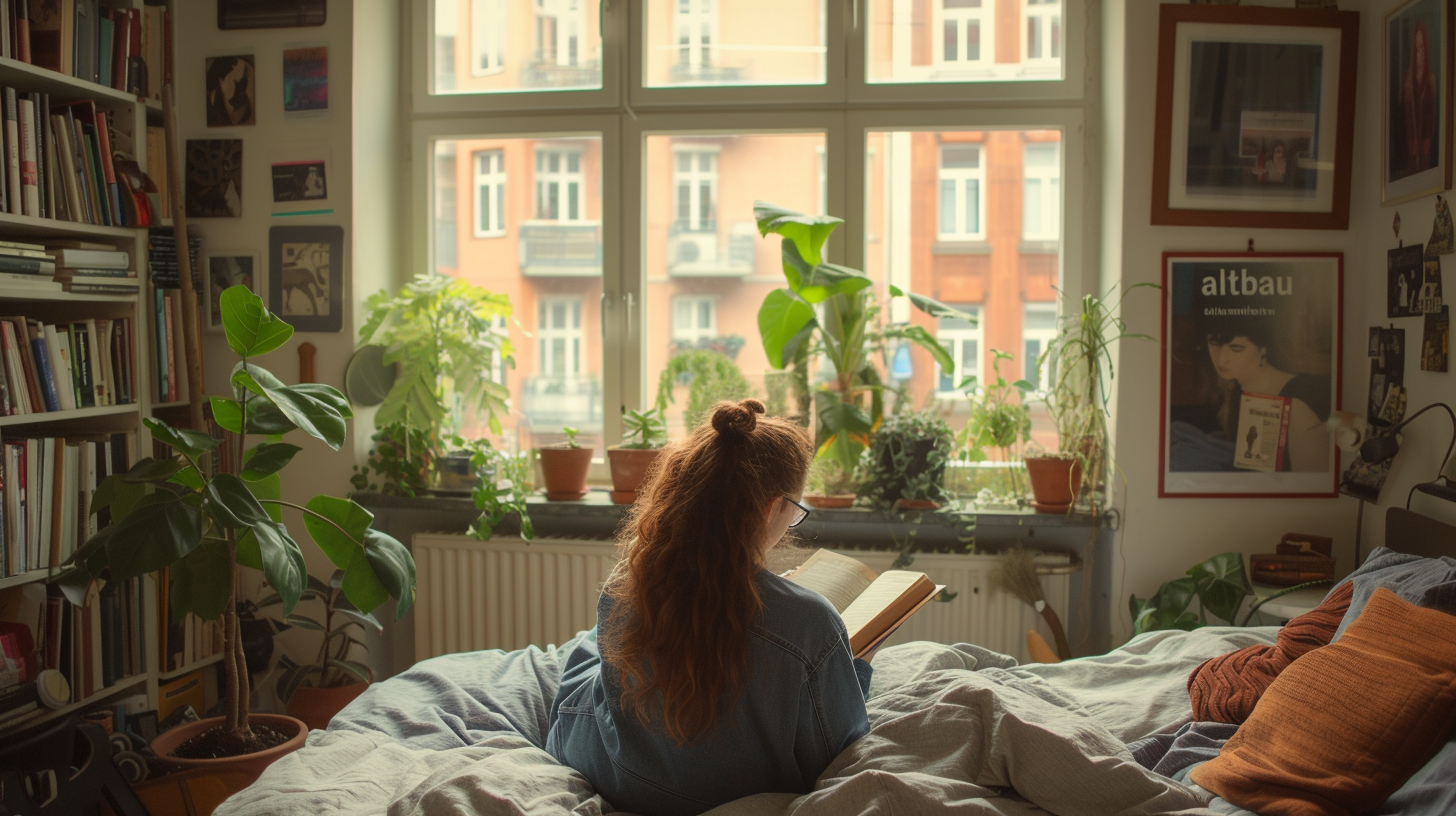 Woman reading book in Berlin bedroom