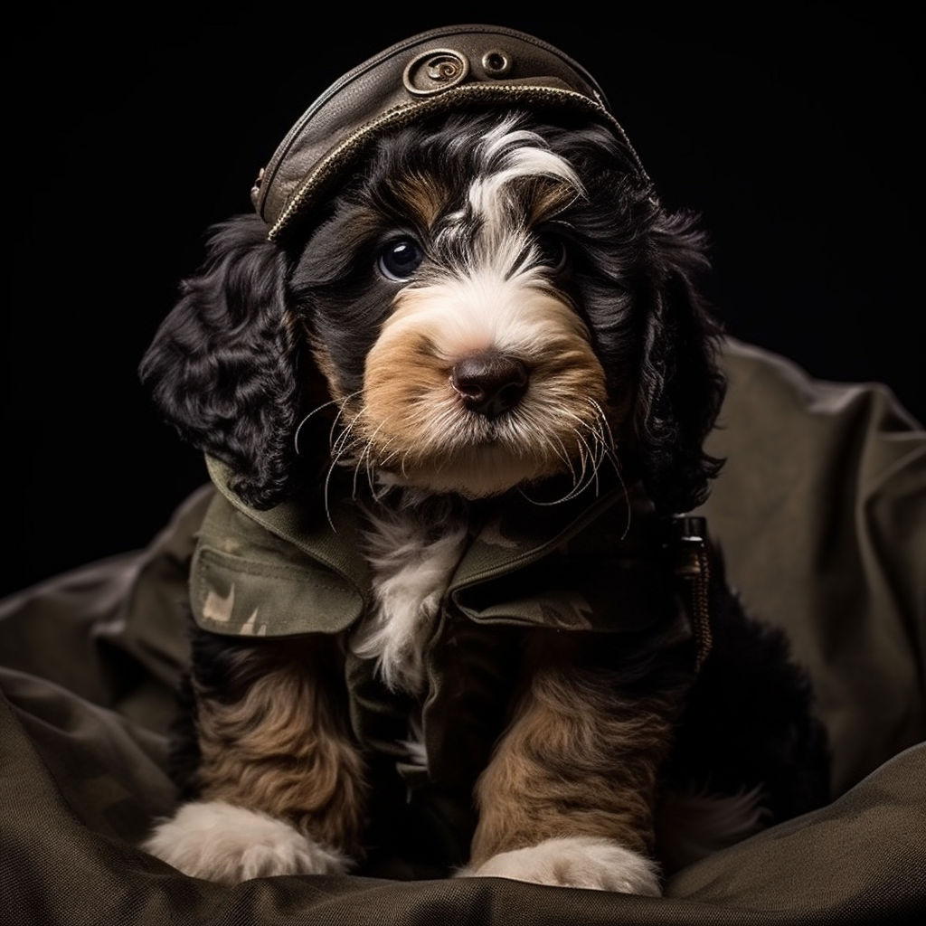 Bernedoodle Puppy in Soldier Uniform