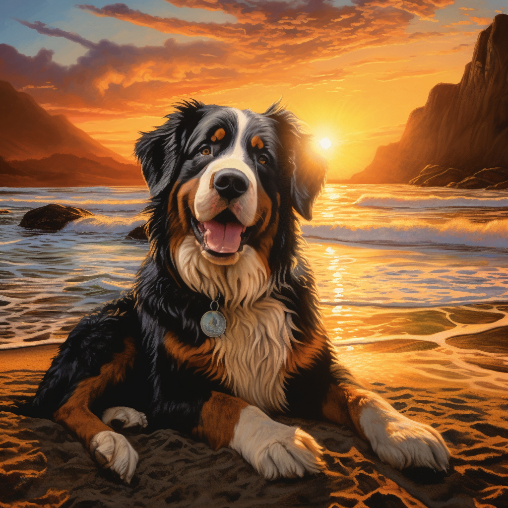 Bernese Mountain Dog on Beach at Sunset