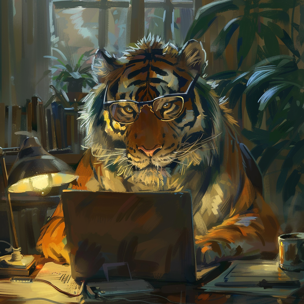 Tiger working at desk with laptop