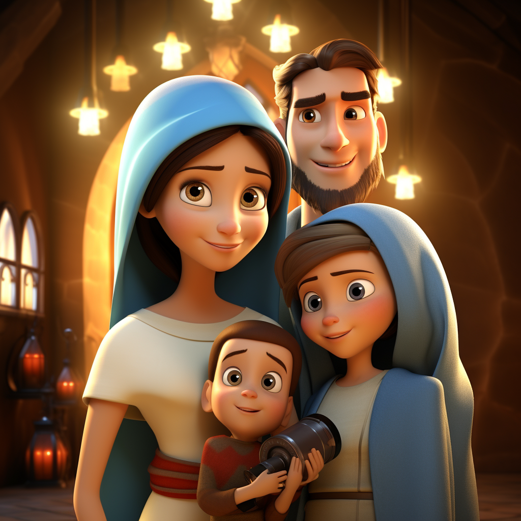 Cartoon 3D image of Bethlehem portal with Maria, Joseph, and video camera