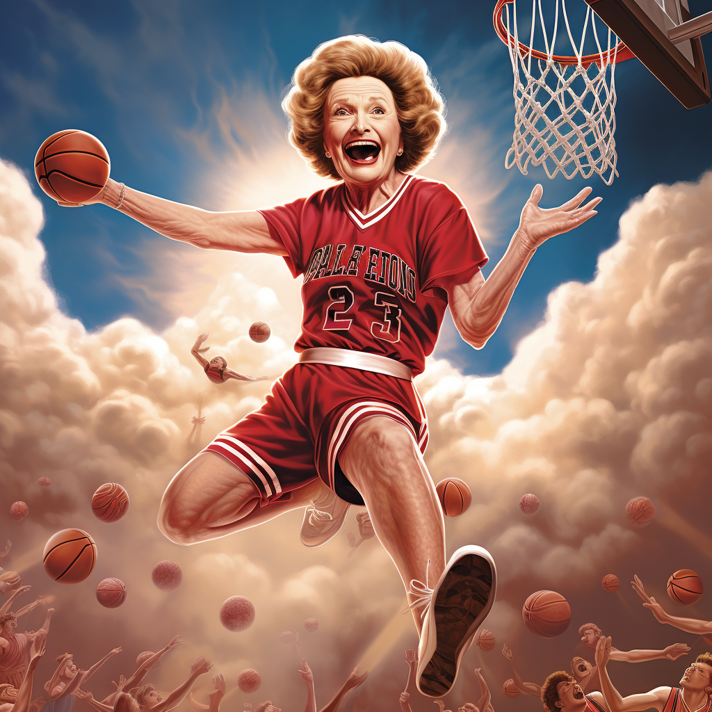 Betty White dunking basketball on Michael Jordan