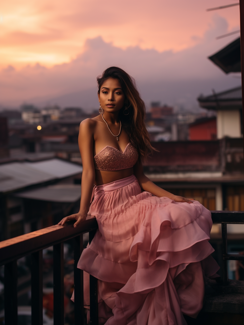 Young woman in pink dress on rooftop at dusk