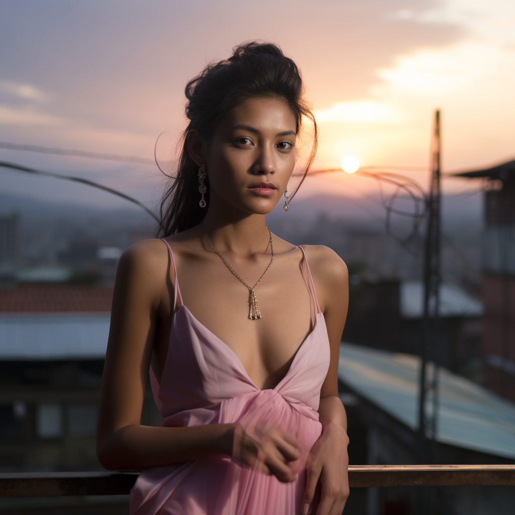 Young Bhutanese woman in pink dress on rooftop at twilight