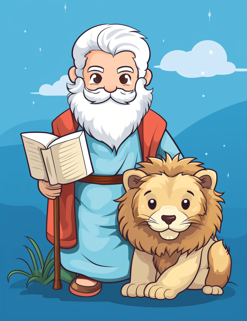 Cute Bible Characters in Wilderness with Saint Jerome and Lion