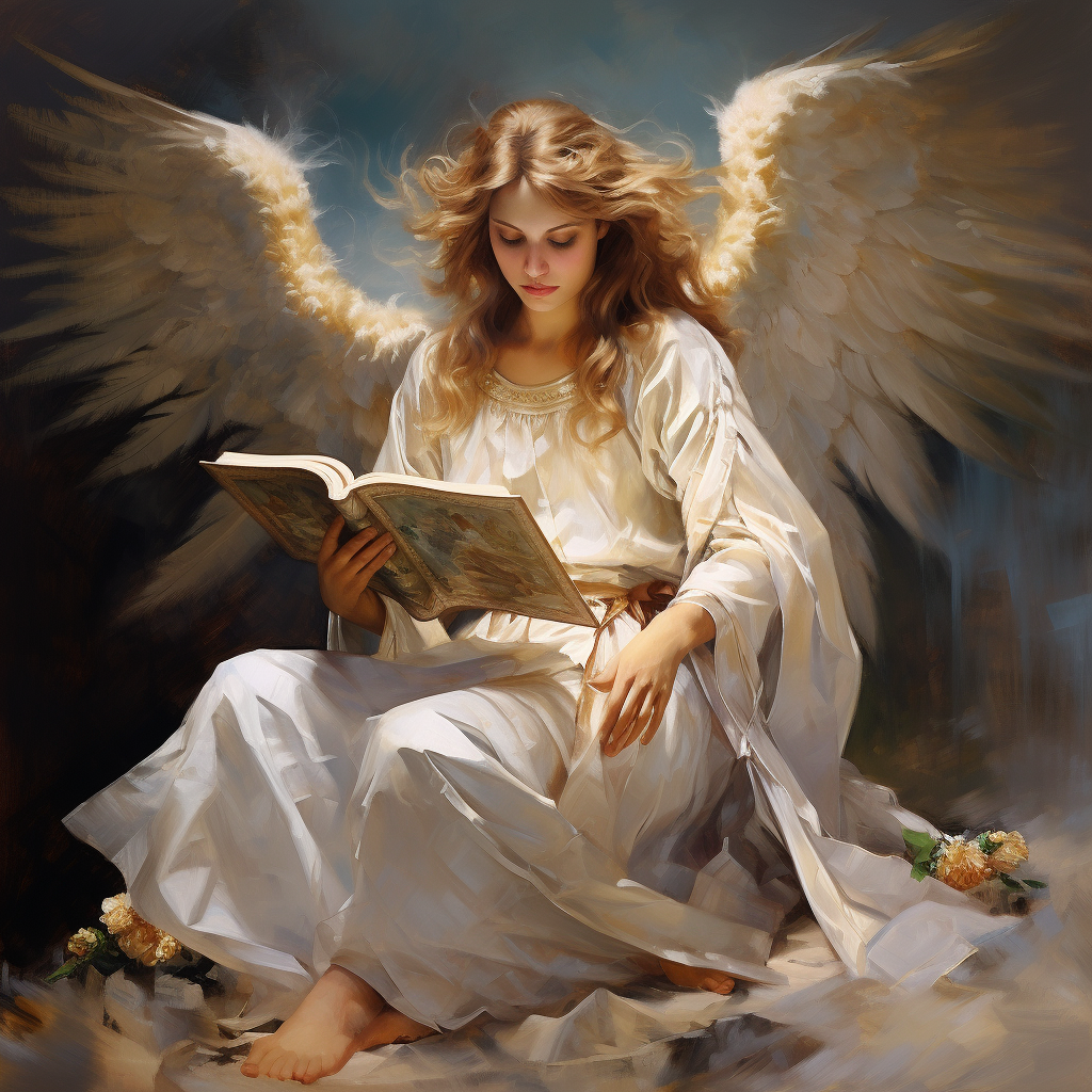 Ethereal angel depicted in biblical oil painting