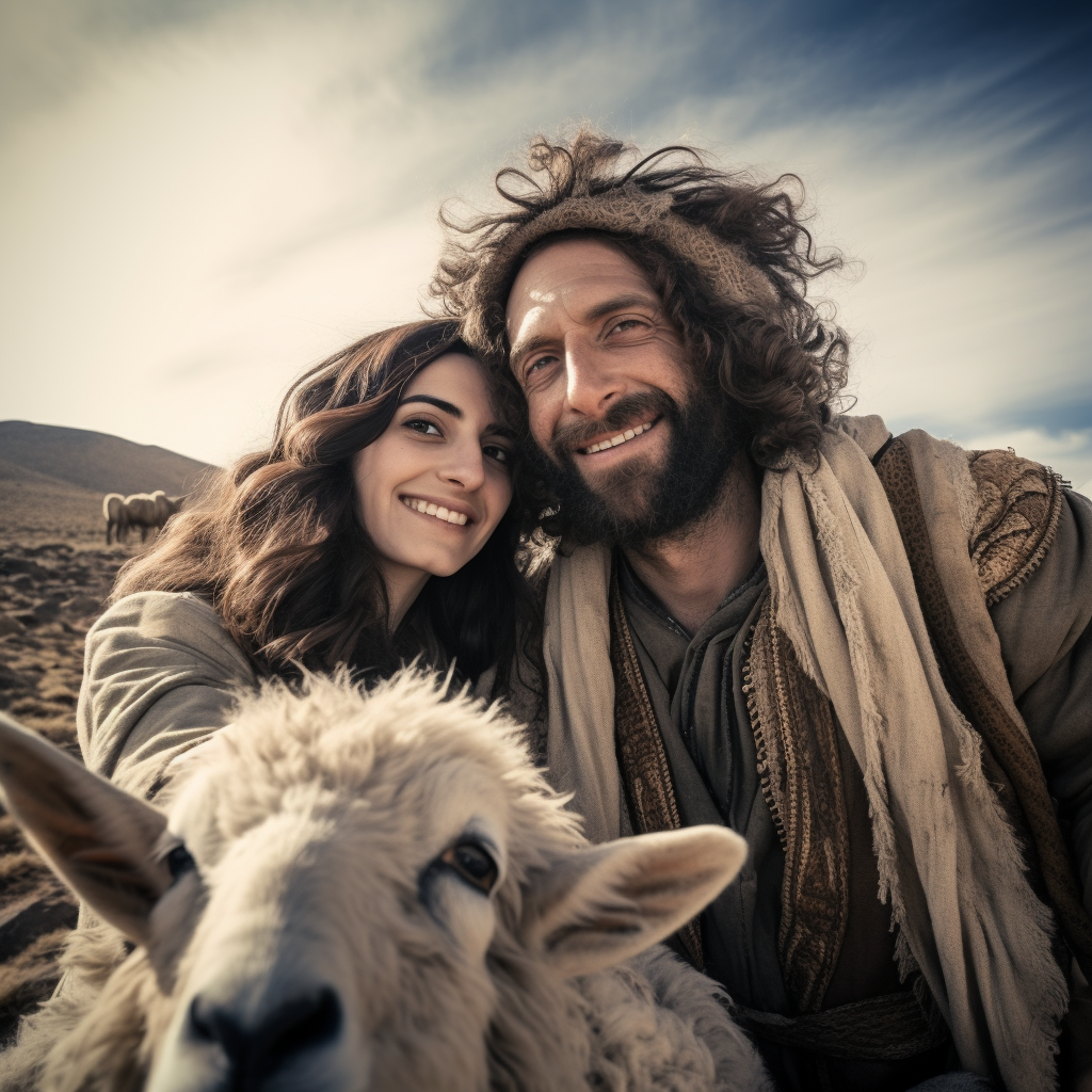 Abraham and Sarah taking a selfie with sheep