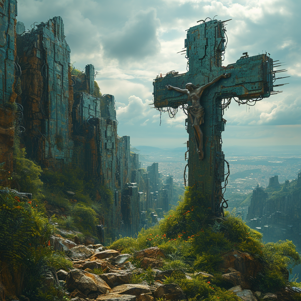 Computer Android Cross on Hill Artwork