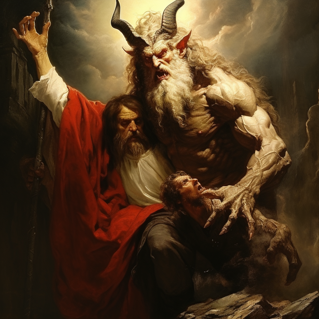 Lucifer threatening Jesus in a biblical scene