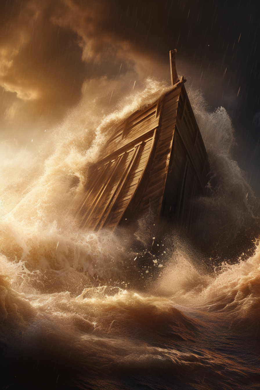 Dramatic biblical ark in storm waves