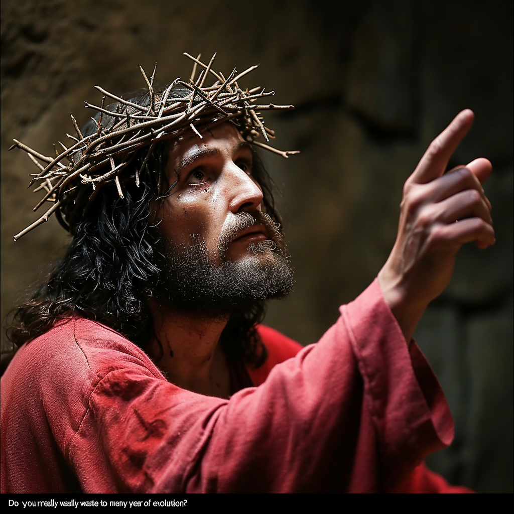 Jesus with Crown of Thorns contemplating evolution