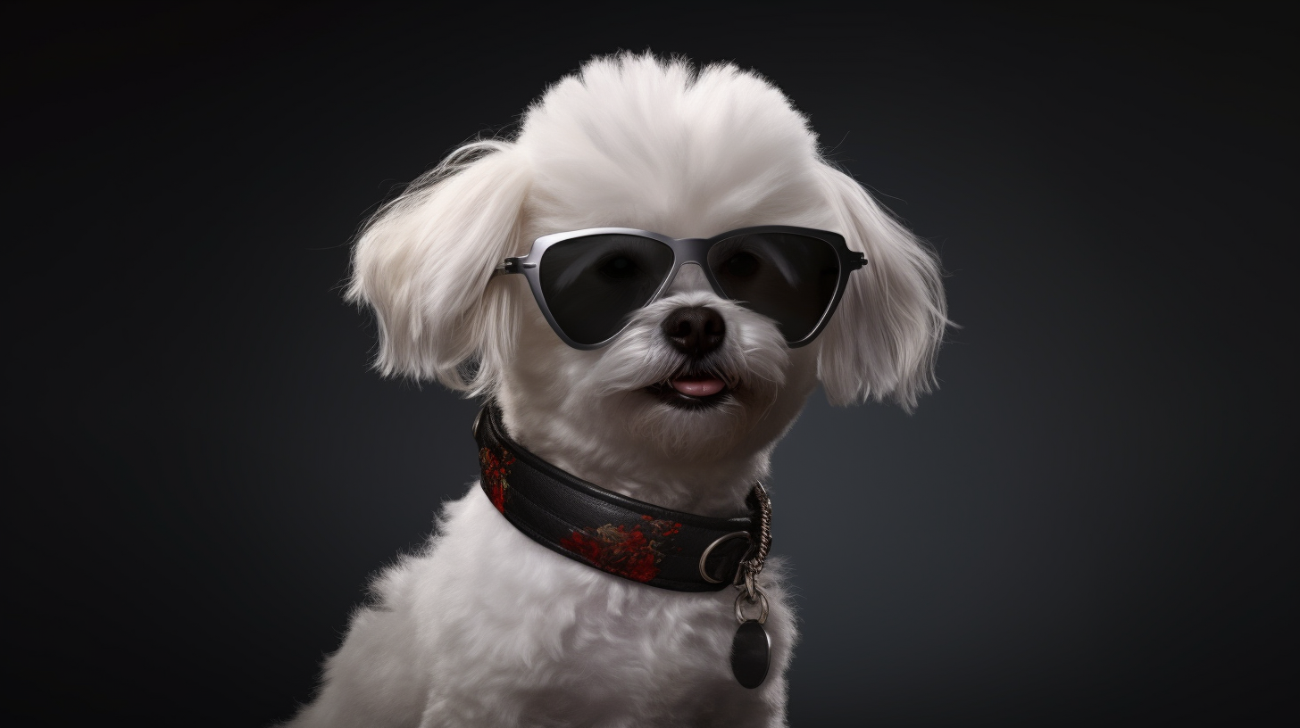 Bichon Bolognese with black sunglasses and H-harness