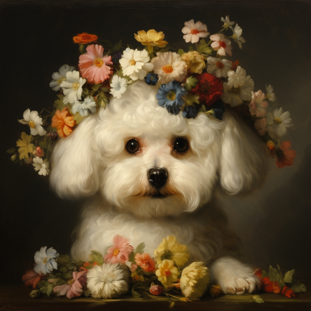 Bichon Frisé wearing flower garland